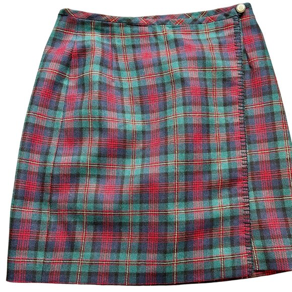 Vtg Eddie Bauer 90s Wool Plaid Wrap Skirt Green Red Tartan Preppy Academia Sz 6 - Picture 8 of 10
